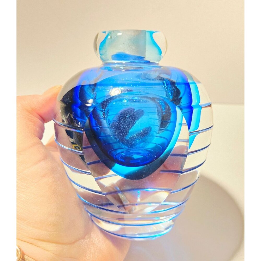 Huge Fifth Avenue Crystal Blue Art Glass Perfume Bottle Tall Clear & Swirl Desig - Picture 3 of 12